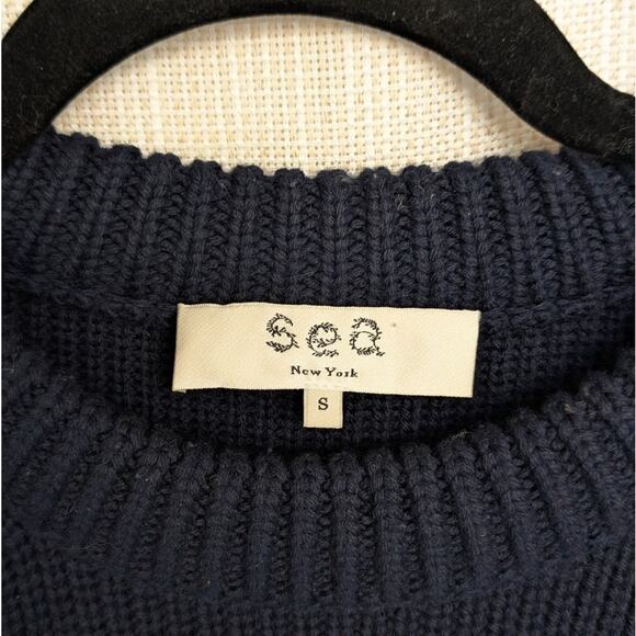 SEA Navy Ruffle Ribbed Wrap Wool Short Sleeve Sweater Top, size S - Picture 3 of 7